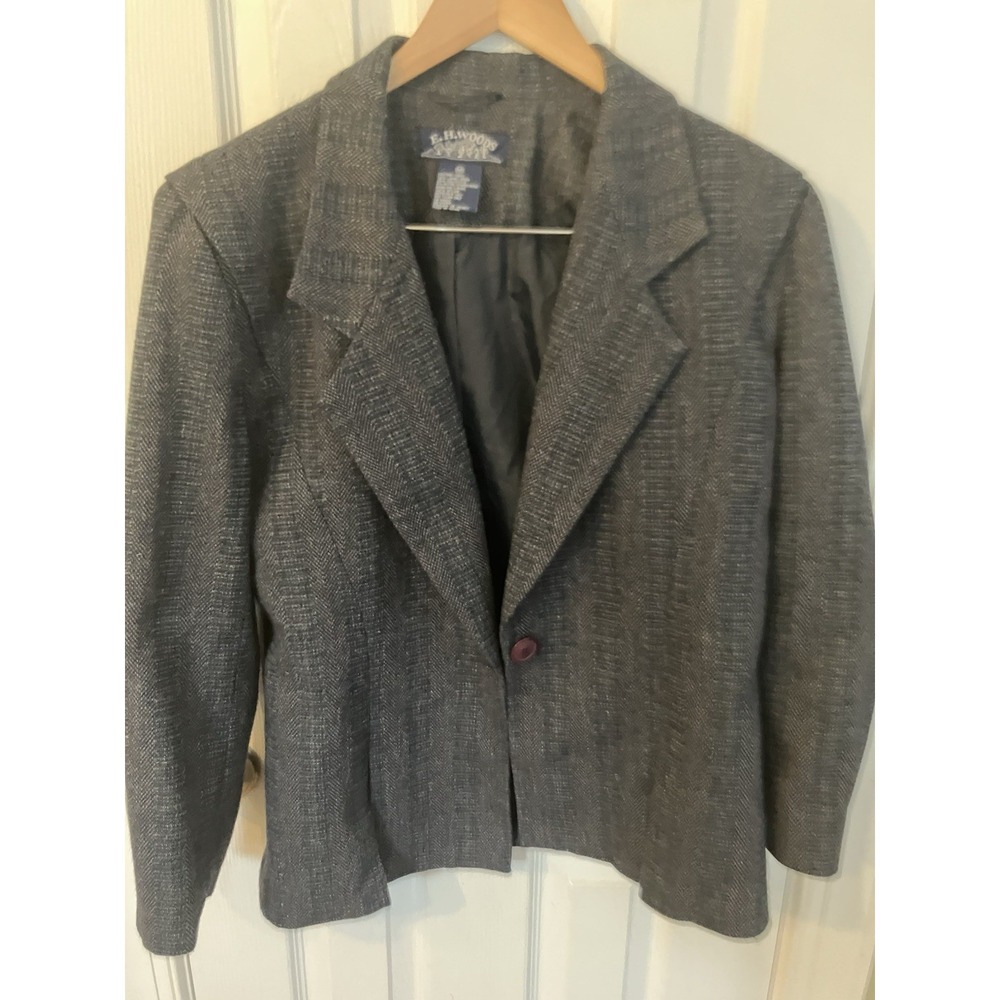 Vintage E.H Woods Charcoal Gray Wool Herringbone Textured Womens Button Blazer